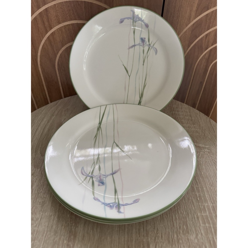 Corelle Corning Shadow Iris 10" Plates PURPLE IRIS Green Rim USA Set Of 4
